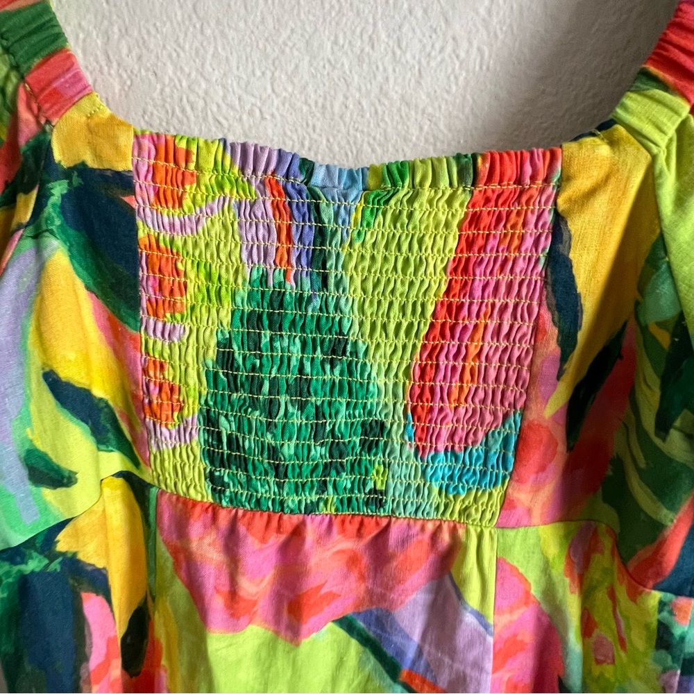Anthropologie Farm Rio Midi Dress Puff Sleeves Green, Yellow, and Pink NWT - Picture 11 of 12